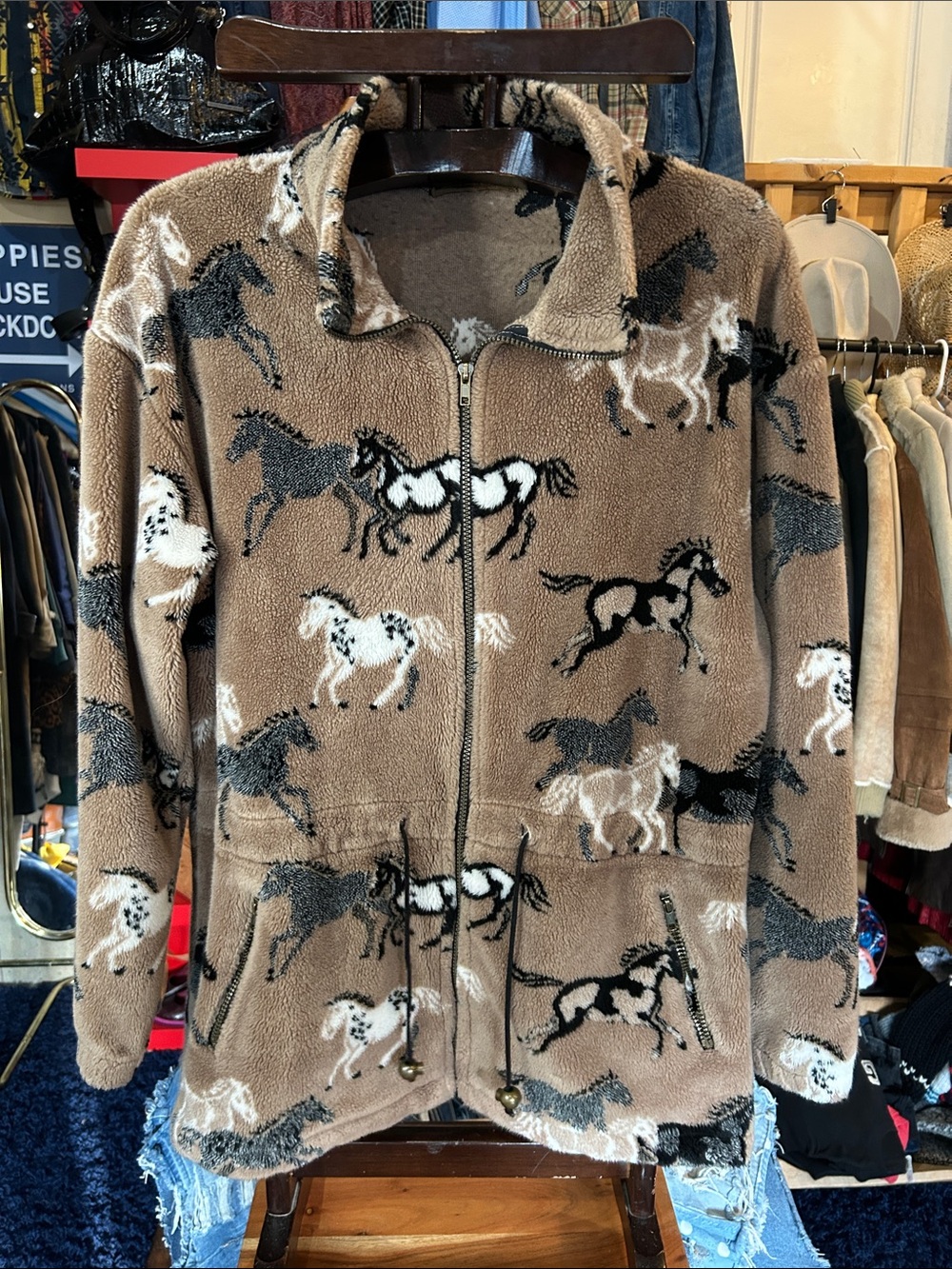 Vintage Fleece Brown and Cream Sherpa Cardigan with Horse Pattern